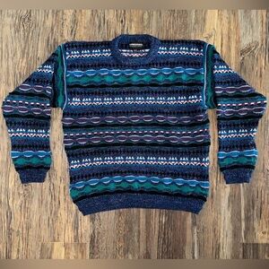 Expressions International Coogi Style Knit Sweater Mens M Blue Multi 3D Textured